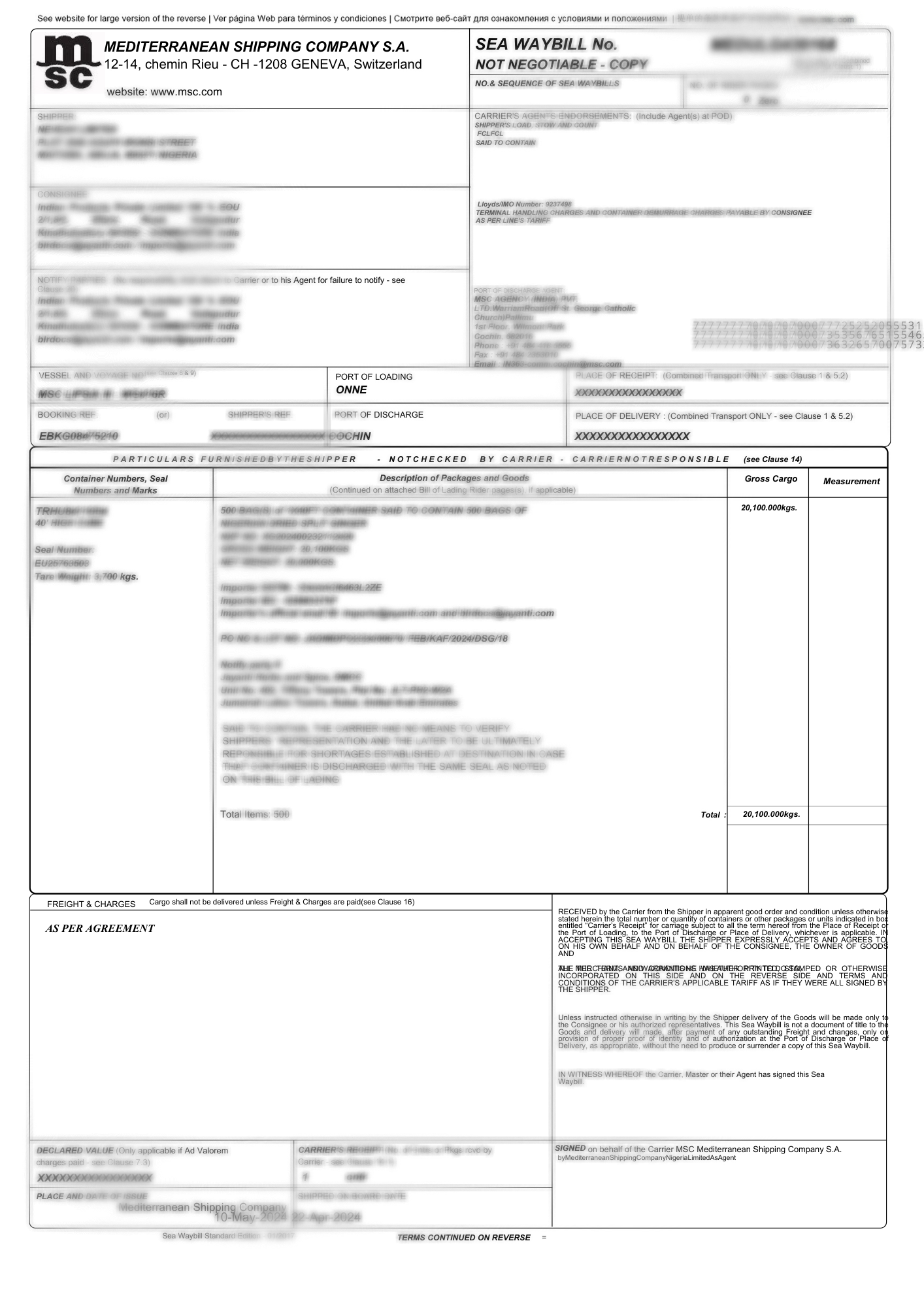 Sample Bill of Lading