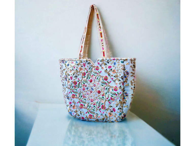 Handmade Jaipuri Embroidery White Large Tote Bag HB - 7005